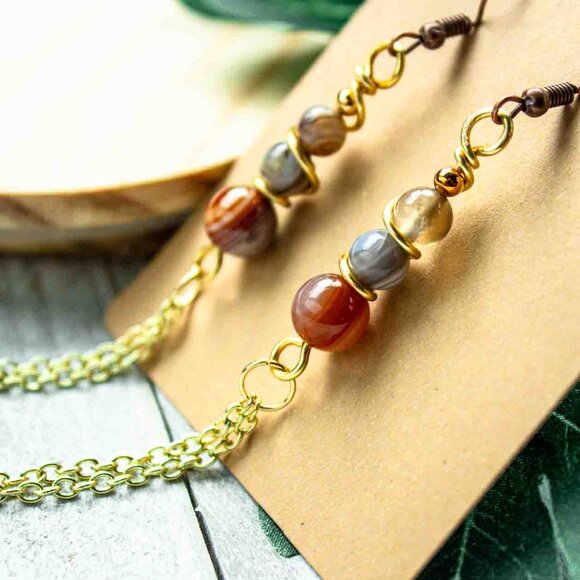 Elegant Three-Bead Multicolor Agate Dangle Earrings with 14k Gold Chain - Picture 5 of 9